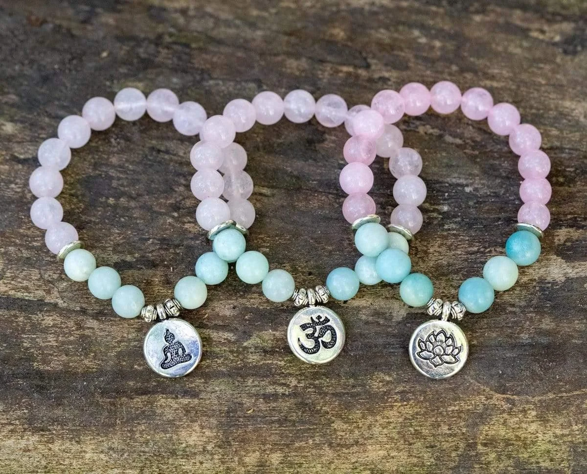 Natural Rose Quartz & Amazonite Gemstone Bead Mala Bracelet - Glova