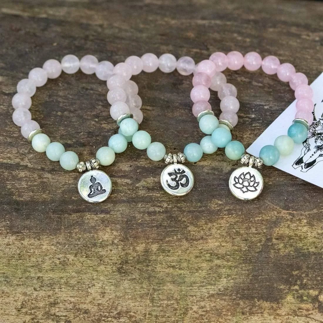 Natural Rose Quartz & Amazonite Gemstone Bead Mala Bracelet - Glova