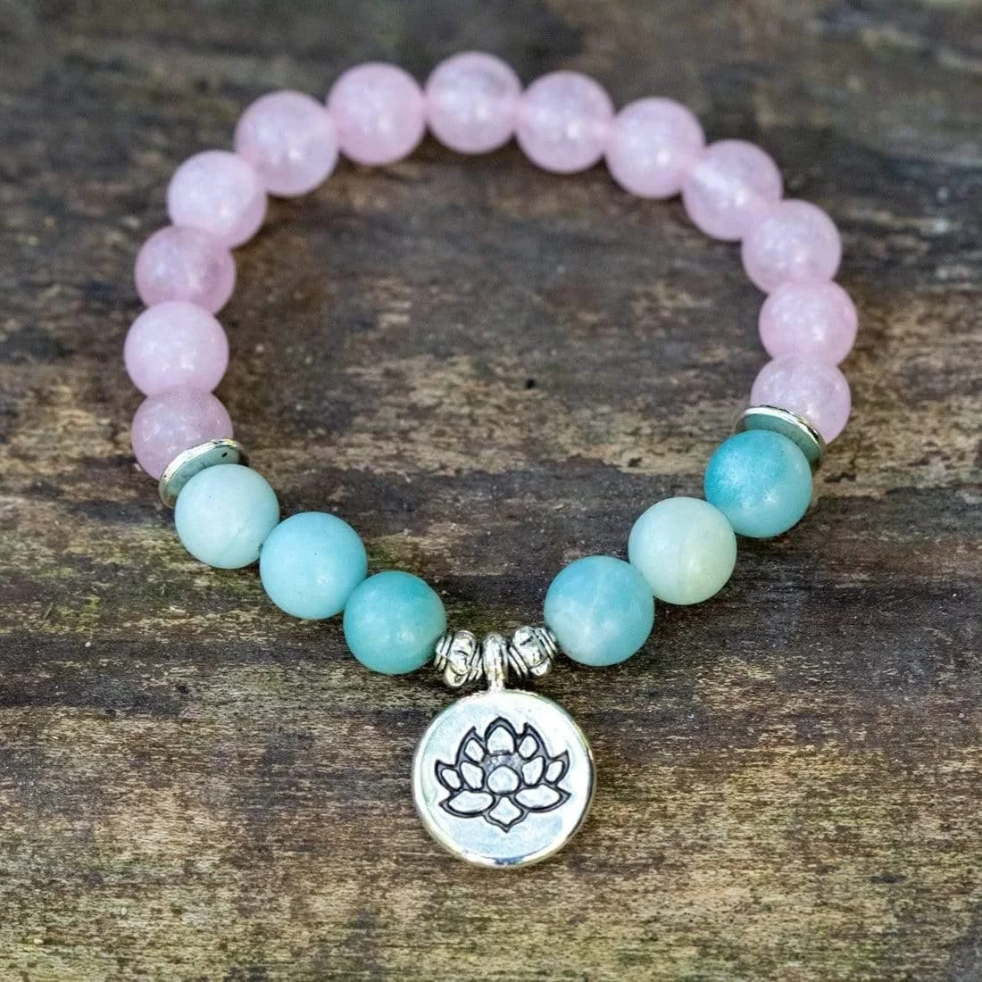 Natural Rose Quartz & Amazonite Gemstone Bead Mala Bracelet - Glova