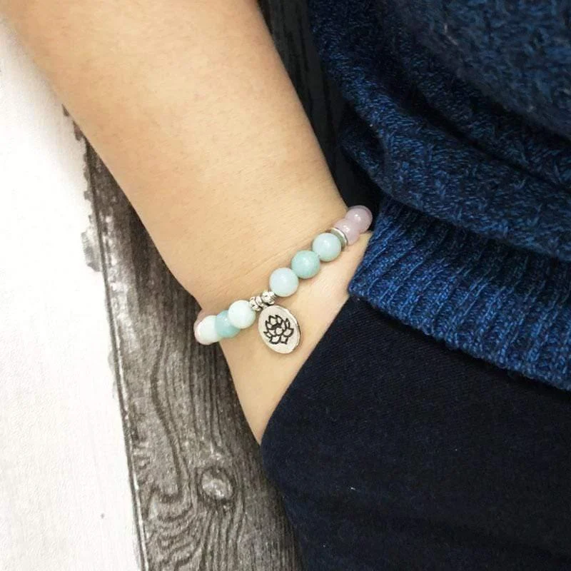 Natural Rose Quartz & Amazonite Gemstone Bead Mala Bracelet - Glova