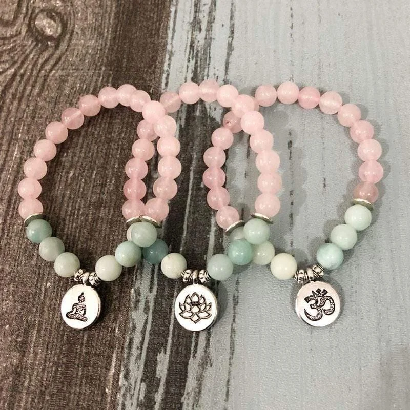 Natural Rose Quartz & Amazonite Gemstone Bead Mala Bracelet - Glova