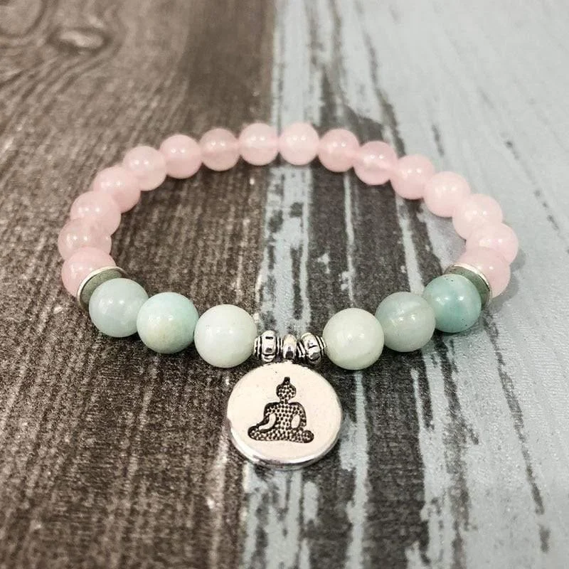 Natural Rose Quartz & Amazonite Gemstone Bead Mala Bracelet - Glova