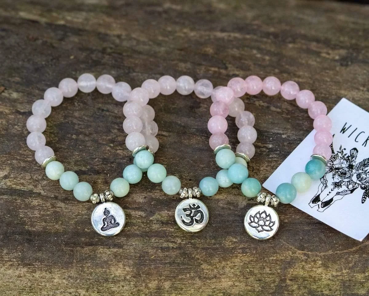 Natural Rose Quartz & Amazonite Gemstone Bead Mala Bracelet - Glova