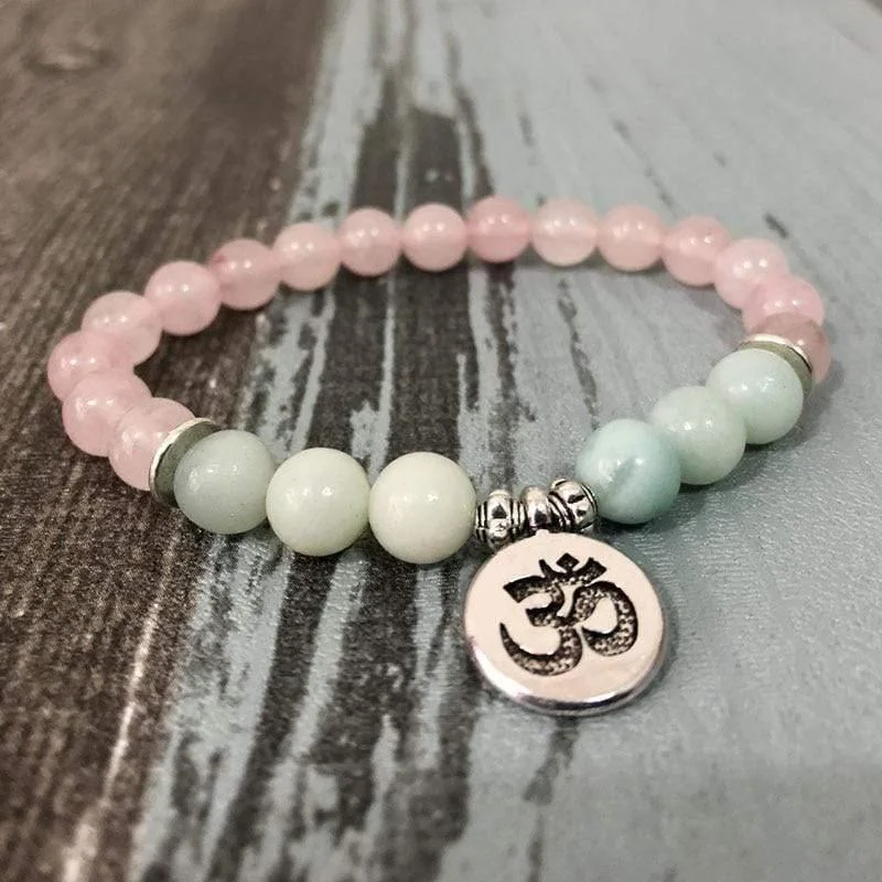 Natural Rose Quartz & Amazonite Gemstone Bead Mala Bracelet - Glova