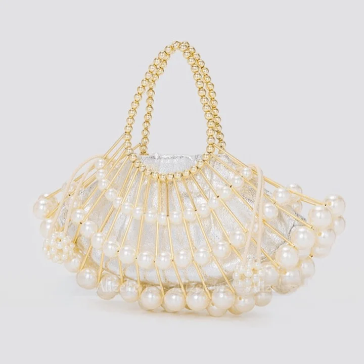 Nimue Pearl Beaded Golden Fan Evening Bag - Glova