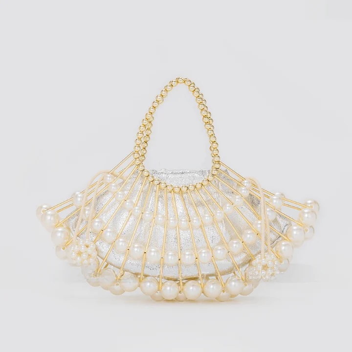 Nimue Pearl Beaded Golden Fan Evening Bag - Glova