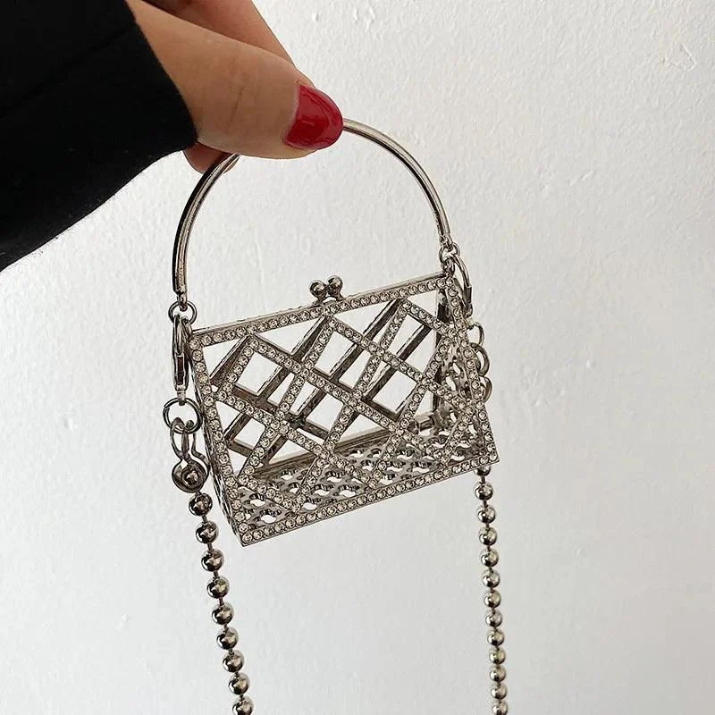 Nina Rhinestone Micro Metal Cage Bag - Glova