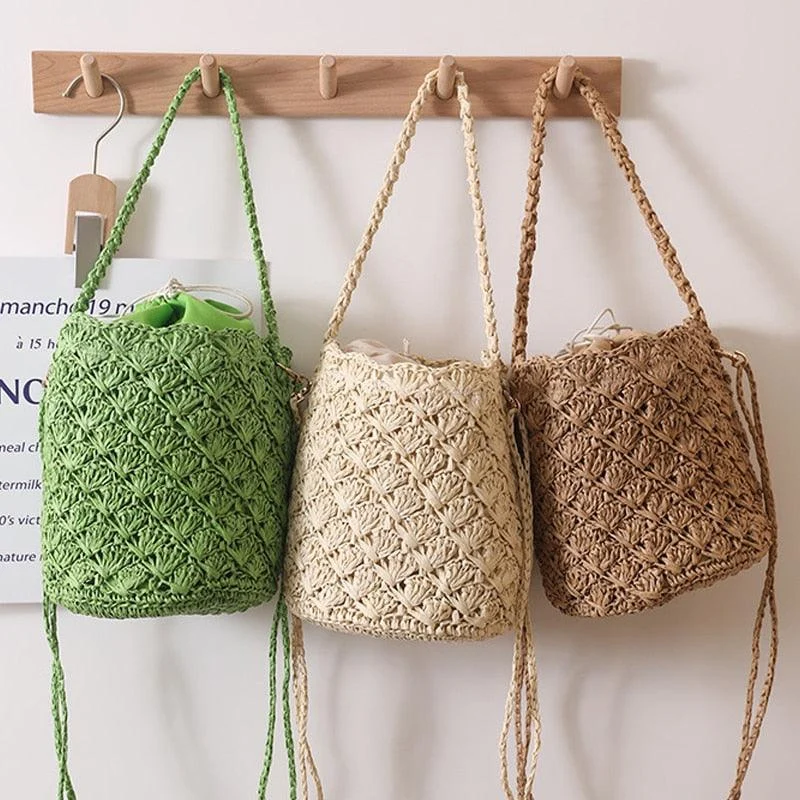 Niya Crochet Knit Straw Bucket Bags - 3 Colors - Glova