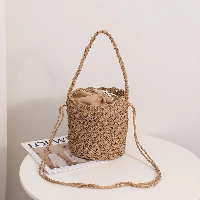 Niya Crochet Knit Straw Bucket Bags - 3 Colors - Glova