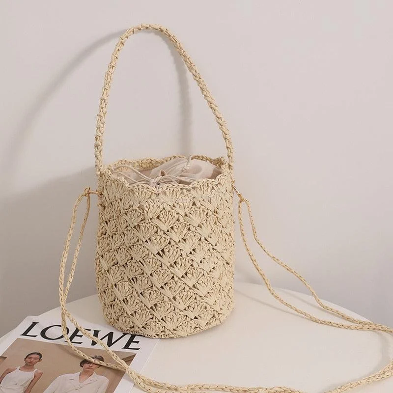 Niya Crochet Knit Straw Bucket Bags - 3 Colors - Glova