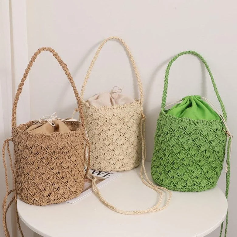 Niya Crochet Knit Straw Bucket Bags - 3 Colors - Glova