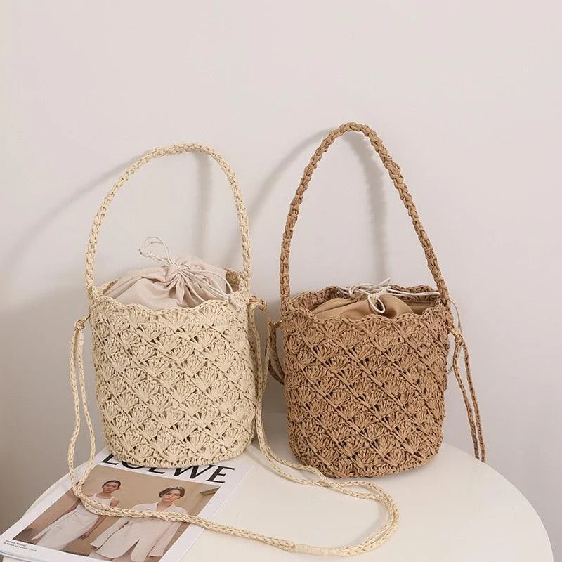 Niya Crochet Knit Straw Bucket Bags - 3 Colors - Glova