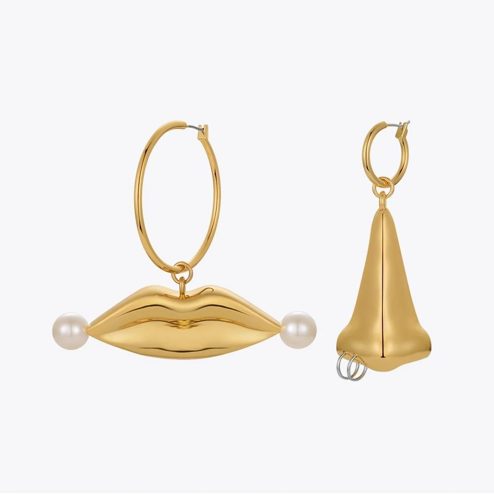 Nose & Lips Pearl and Gold Drop Earrings - Glova