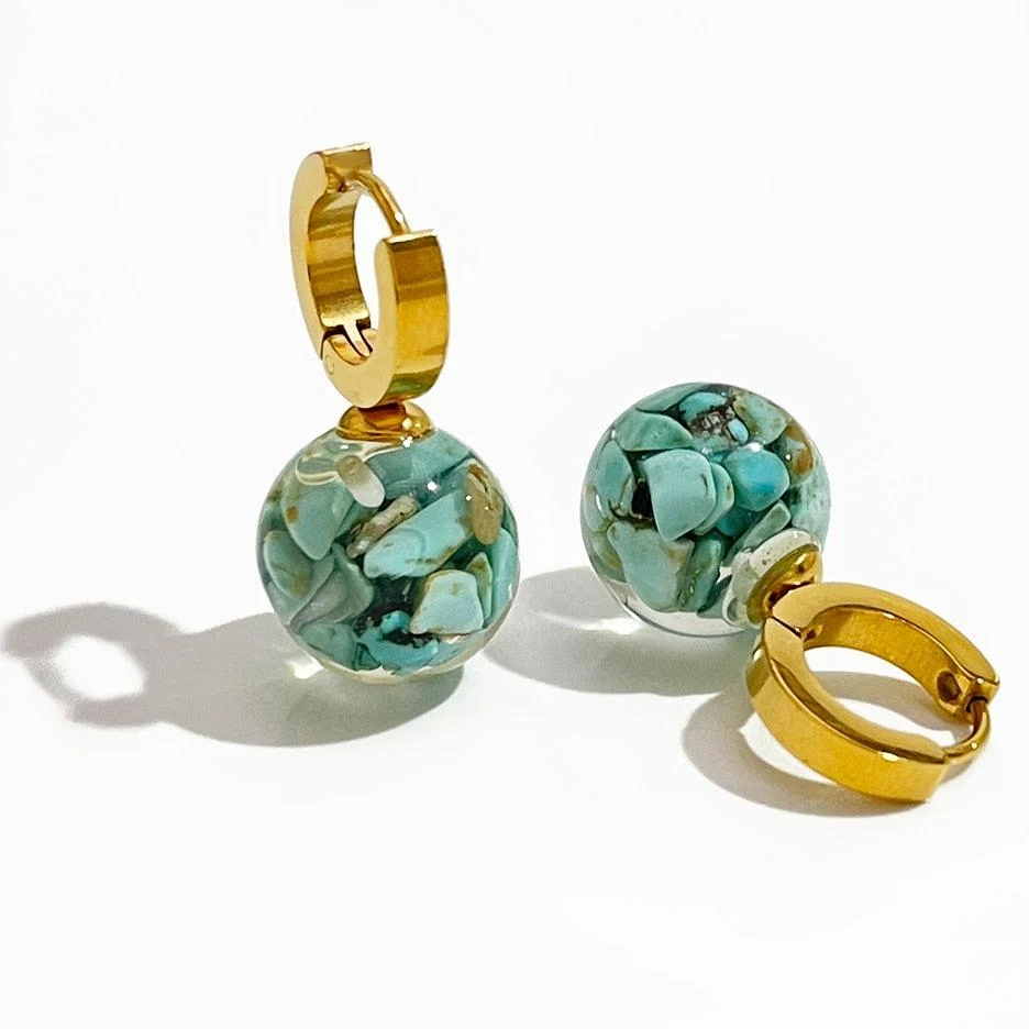 Nuria Ball & Turquoise Stone Hoop Earrings - Glova