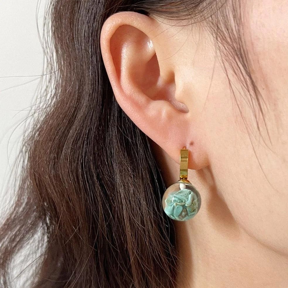 Nuria Ball & Turquoise Stone Hoop Earrings - Glova