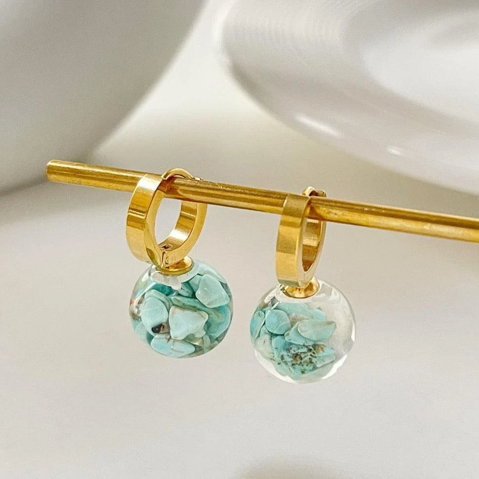 Nuria Ball & Turquoise Stone Hoop Earrings - Glova