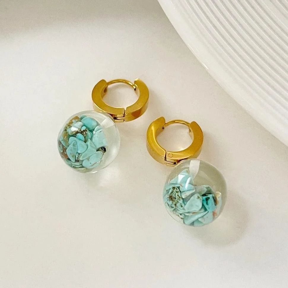 Nuria Ball & Turquoise Stone Hoop Earrings - Glova