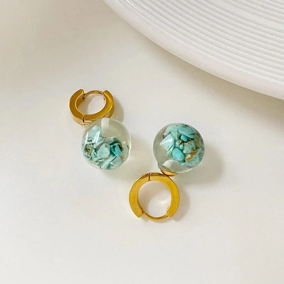 Nuria Ball & Turquoise Stone Hoop Earrings - Glova