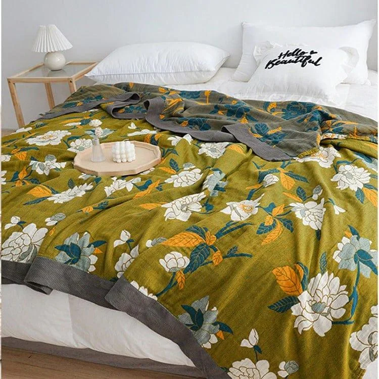 Olive Flower Print Throw Blanket - Glova