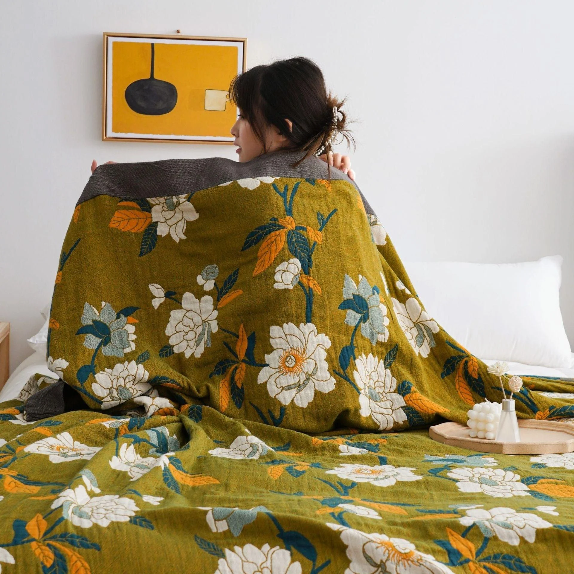 Olive Flower Print Throw Blanket - Glova