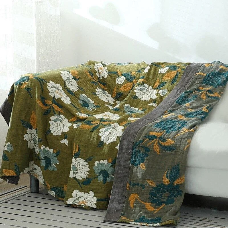 Olive Flower Print Throw Blanket - Glova