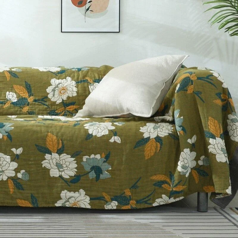 Olive Flower Print Throw Blanket - Glova