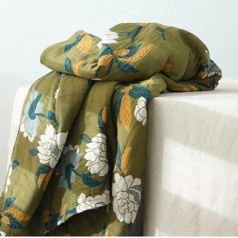 Olive Flower Print Throw Blanket - Glova