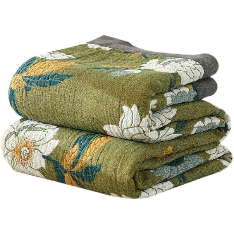 Olive Flower Print Throw Blanket - Glova