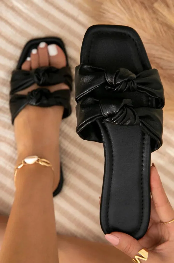 Open Toe Flat Slippers Square Head Bow Women Shoes - Glova