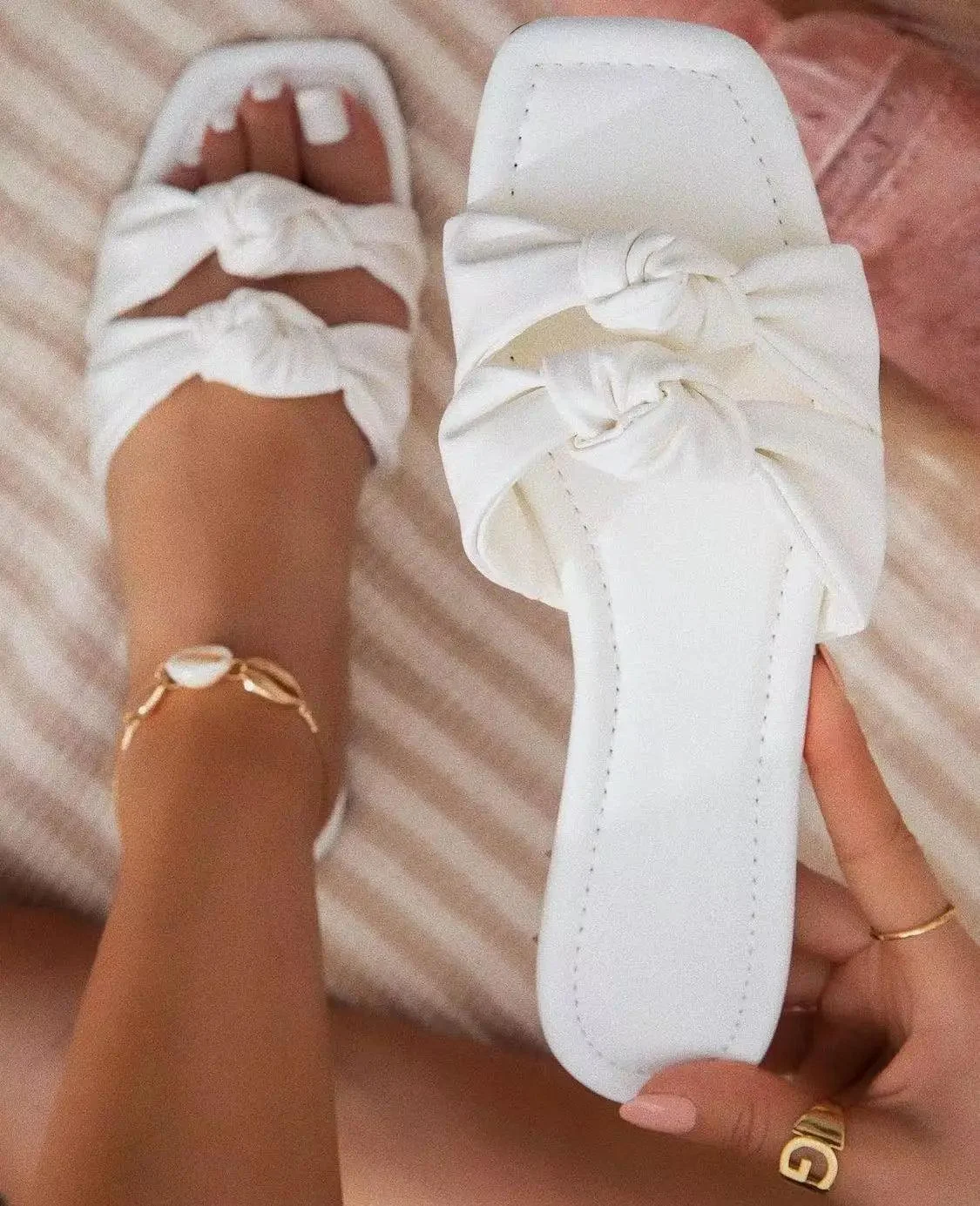 Open Toe Flat Slippers Square Head Bow Women Shoes - Glova