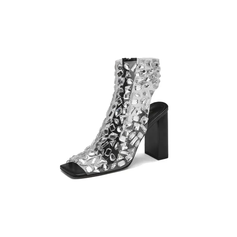 Open-toe Handmade Rhinestone Studded Ankle Boots - Glova