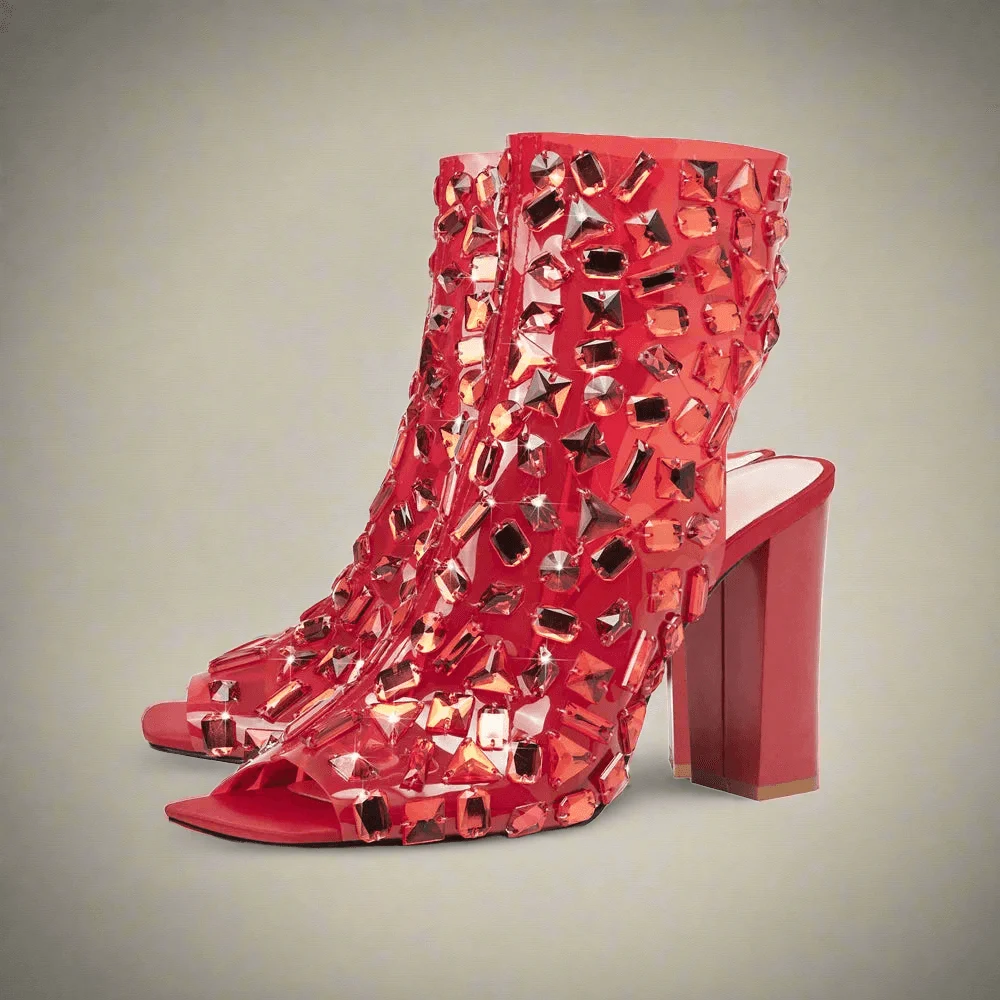 Open-toe Handmade Rhinestone Studded Ankle Boots - Glova