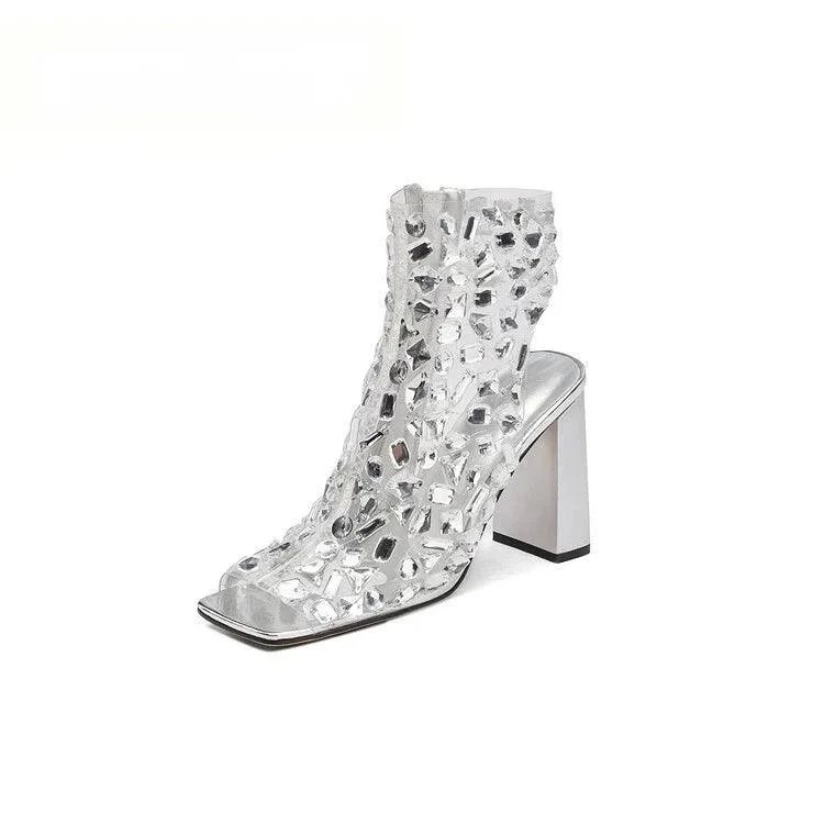 Open-toe Handmade Rhinestone Studded Ankle Boots - Glova