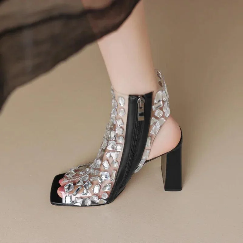 Open-toe Handmade Rhinestone Studded Ankle Boots - Glova