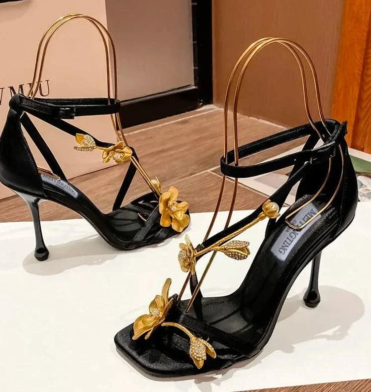 Open-toe Square Head Golden Rose High Heels Sandals For Women - Glova