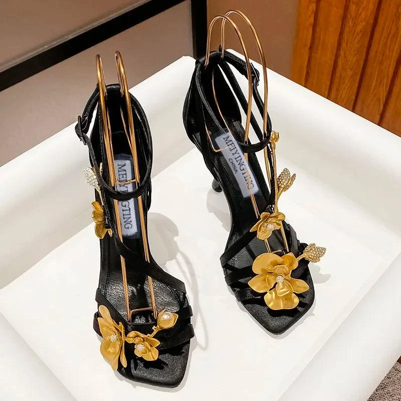 Open-toe Square Head Golden Rose High Heels Sandals For Women - Glova