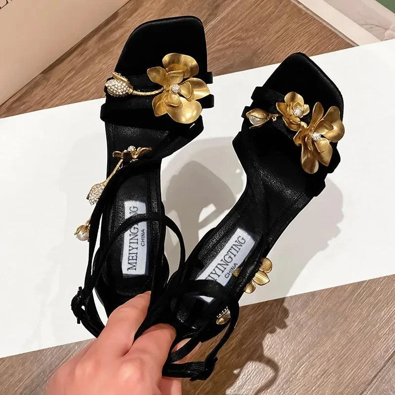 Open-toe Square Head Golden Rose High Heels Sandals For Women - Glova