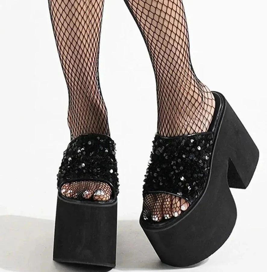 Open Toe Thick High Heeled Bling Platform Women Shoes - Glova