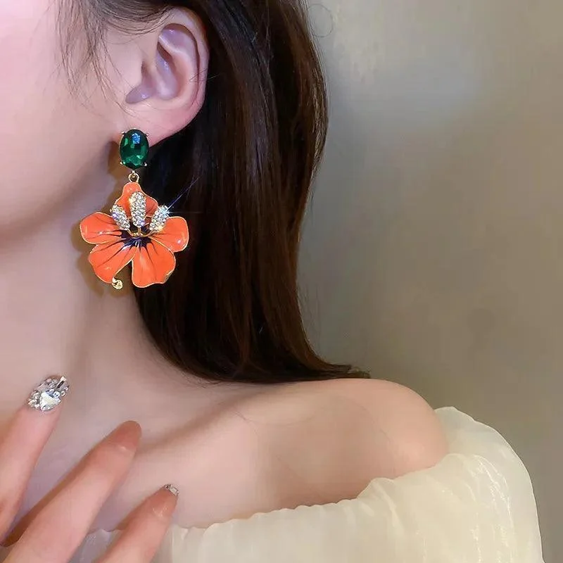 Orange Amaryllis Enamel Flowers Drop Earrings - Glova