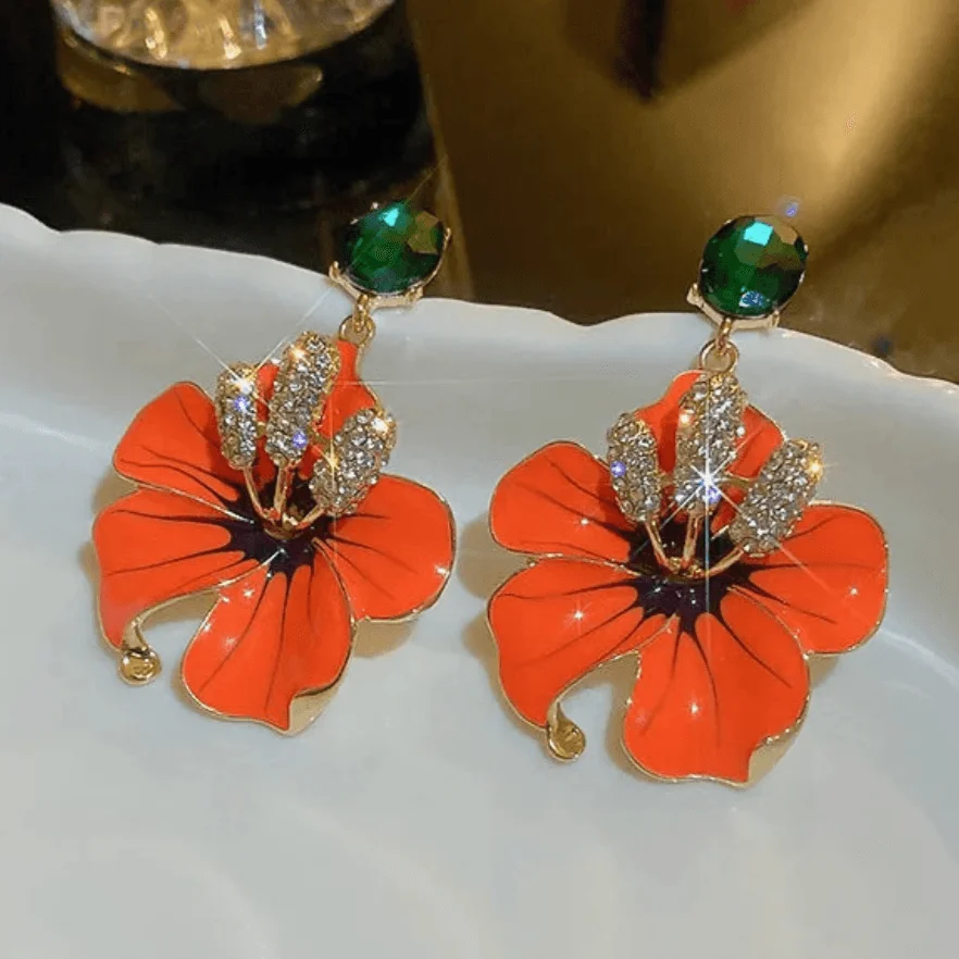 Orange Amaryllis Enamel Flowers Drop Earrings - Glova