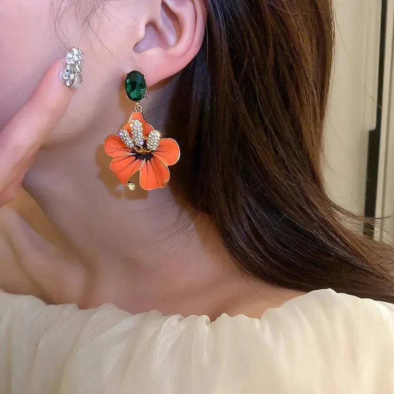 Orange Amaryllis Enamel Flowers Drop Earrings - Glova