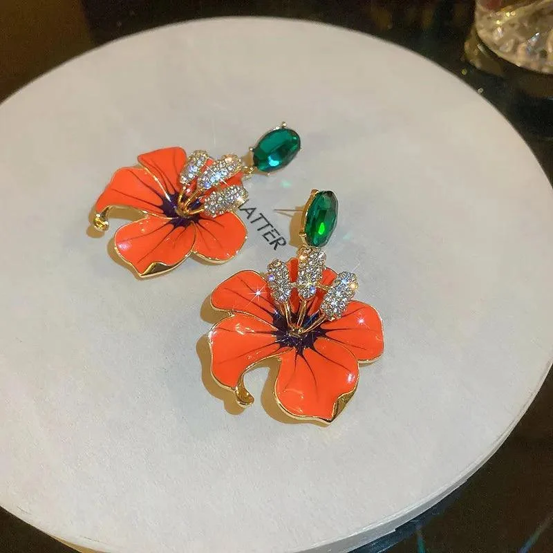 Orange Amaryllis Enamel Flowers Drop Earrings - Glova