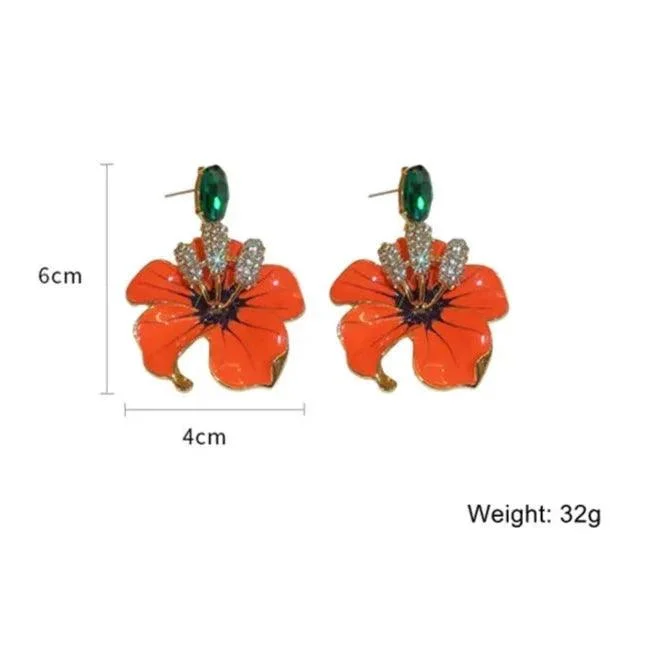 Orange Amaryllis Enamel Flowers Drop Earrings - Glova