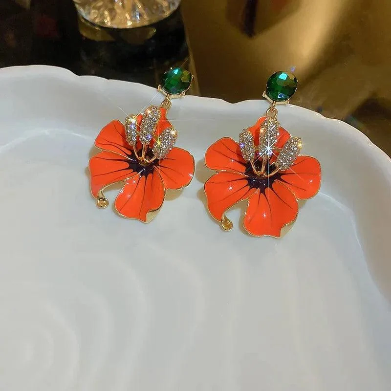 Orange Amaryllis Enamel Flowers Drop Earrings - Glova