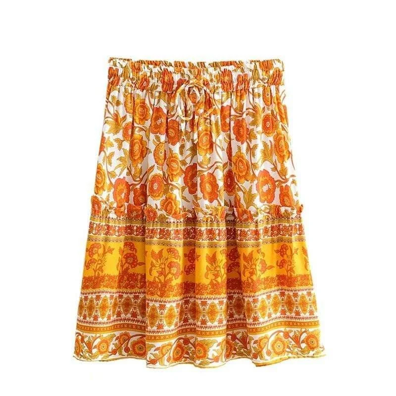 Orange Floral Print Summer Skirt - Glova