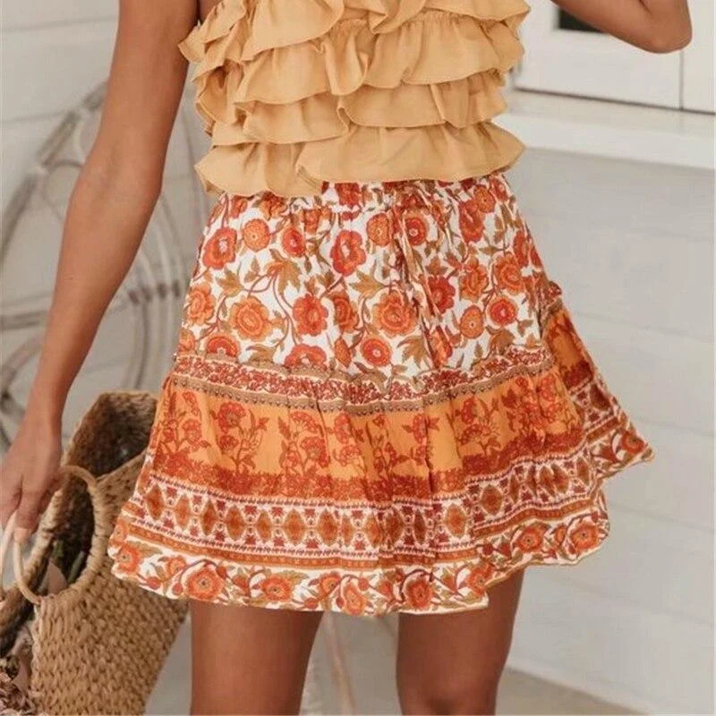 Orange Floral Print Summer Skirt - Glova