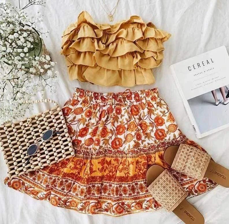 Orange Floral Print Summer Skirt - Glova