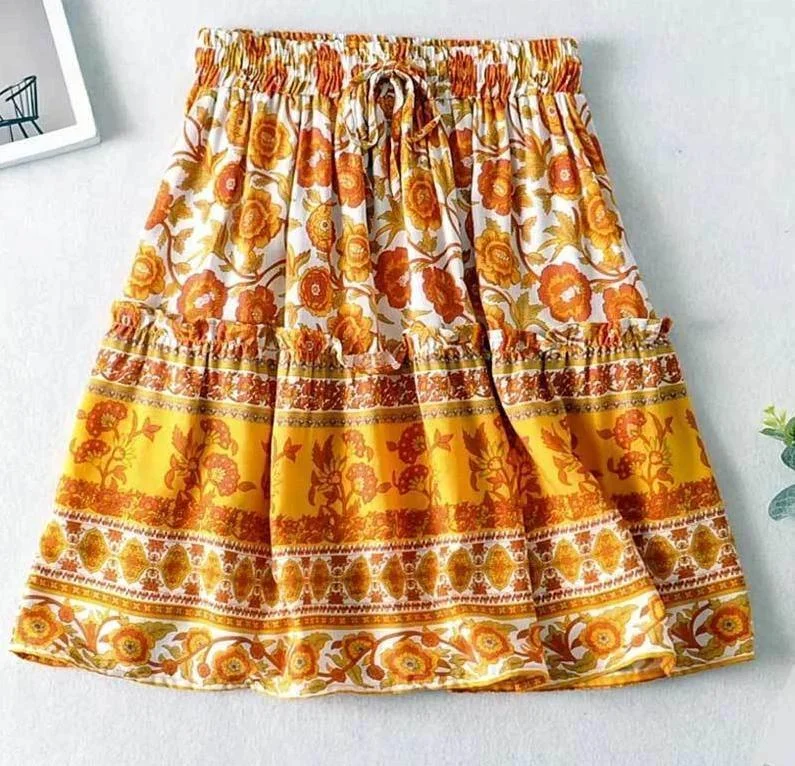 Orange Floral Print Summer Skirt - Glova