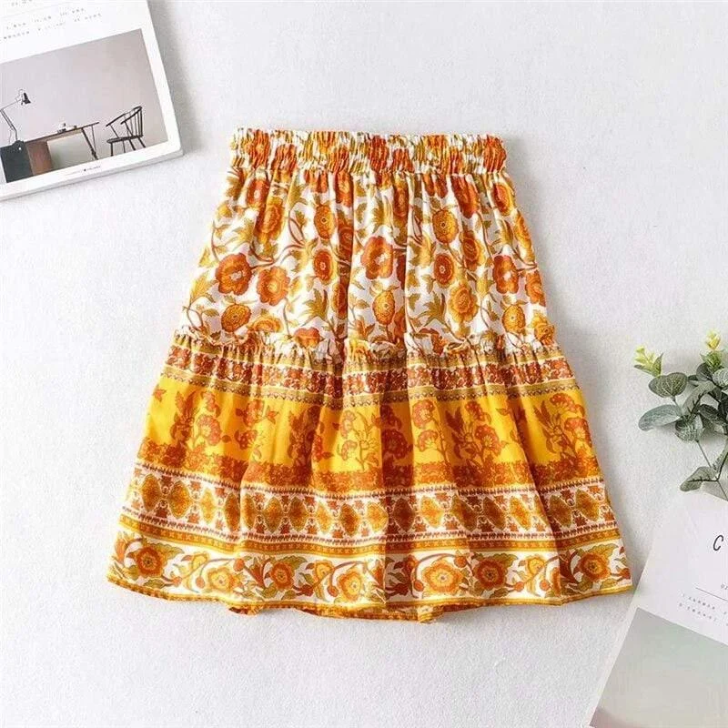 Orange Floral Print Summer Skirt - Glova