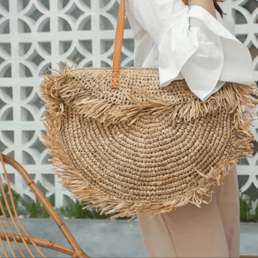 Oversized Bohemian Round Straw Bag - Glova